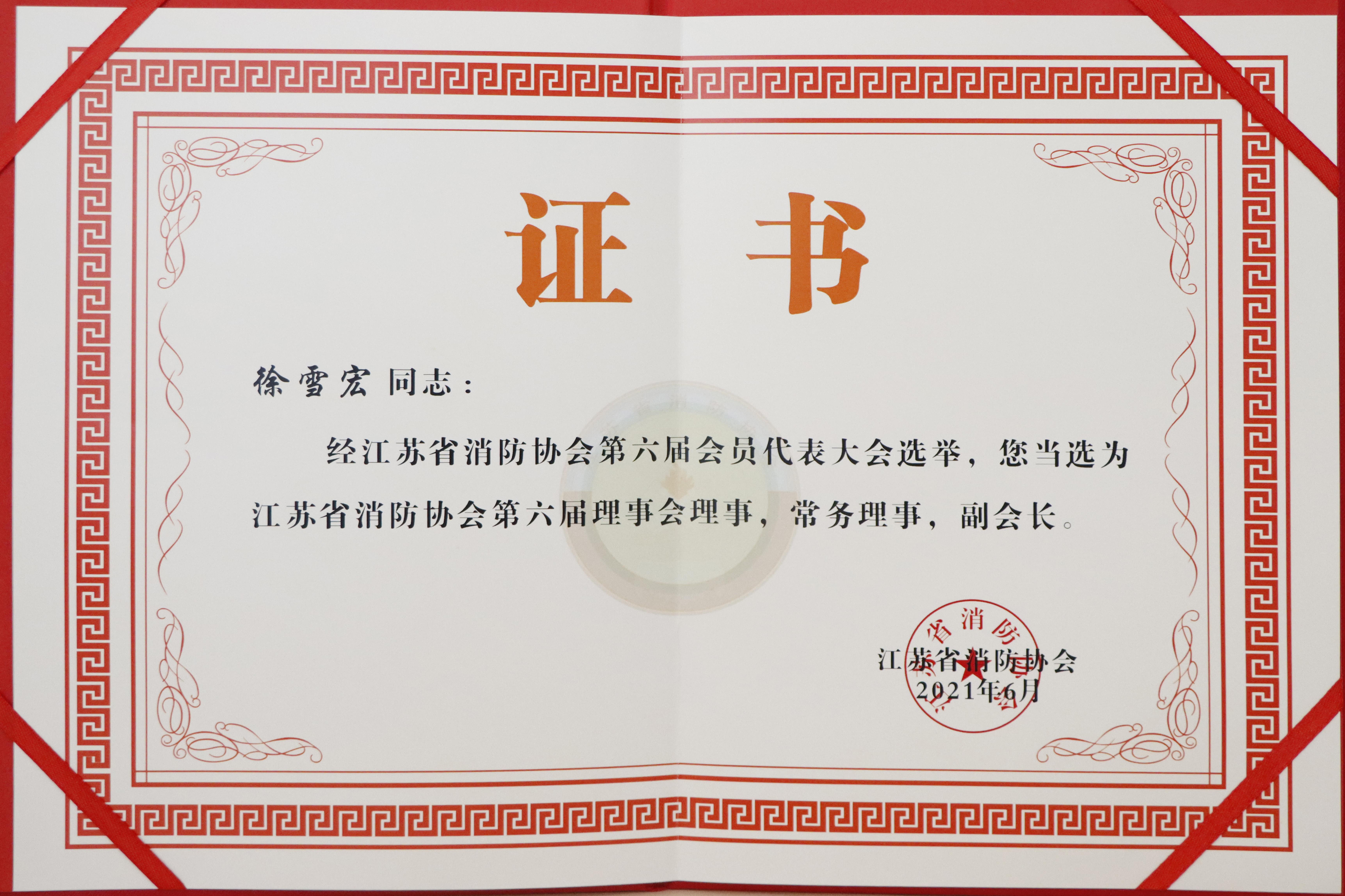 江蘇省消防協會第六屆理事會理事，常務理事，副會長